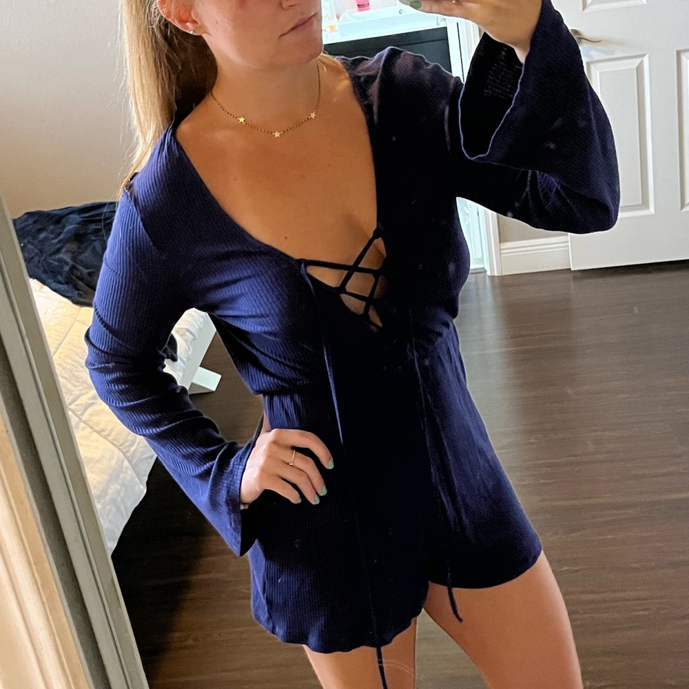 Blue Ribbed Bell Sleeve Romper w/ Tie Front